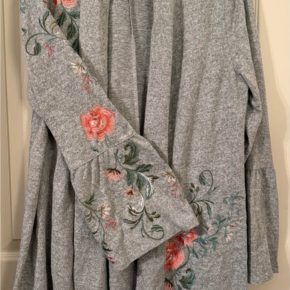 International Concepts Embroidered Floral Cardigan XL Gray Open Front - Picture 8 of 9